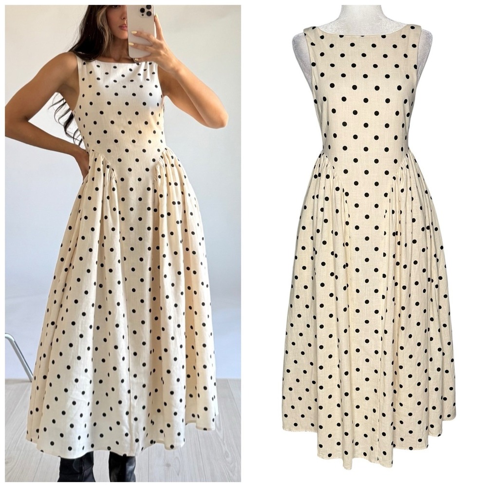 Sleeveless Polka Dot Midi Dress in Cream and Black